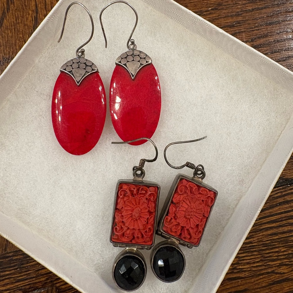 Elegant Red and Sterling Silver Earrings Set